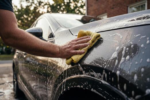 Exterior washing of a red car side mirror